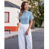 imagesiliteelon Womens Button Down Shirts Slim fit Short Sleeve Stretch Dress Shirts WrinkleFree Solid Work BlouseMist Blue