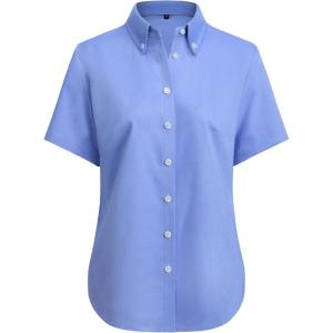 imagesiliteelon Button Down Shirts Women Oxford Shirts Short Sleeve Cotton Wrinkle Free Dress Shirts Work Office BlouseBlue