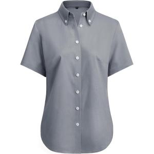 imagesiliteelon Button Down Shirts Women Oxford Shirts Short Sleeve Cotton Wrinkle Free Dress Shirts Work Office BlouseGray