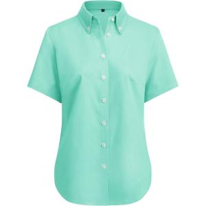 imagesiliteelon Button Down Shirts Women Oxford Shirts Short Sleeve Cotton Wrinkle Free Dress Shirts Work Office BlouseGreen