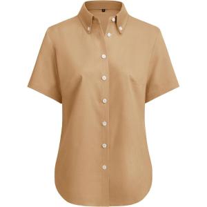 imagesiliteelon Button Down Shirts Women Oxford Shirts Short Sleeve Cotton Wrinkle Free Dress Shirts Work Office BlouseKhaki