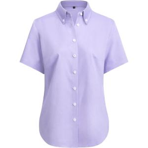 imagesiliteelon Button Down Shirts Women Oxford Shirts Short Sleeve Cotton Wrinkle Free Dress Shirts Work Office BlousePurple