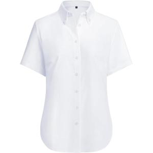 imagesiliteelon Button Down Shirts Women Oxford Shirts Short Sleeve Cotton Wrinkle Free Dress Shirts Work Office BlouseWhite