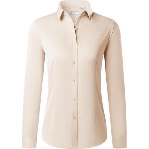 imagesiliteelon Button Down Shirts for Women Long Sleeve Dress Shirts Wrinkle Free Collared Work Office Solid Blouses TopsBeige