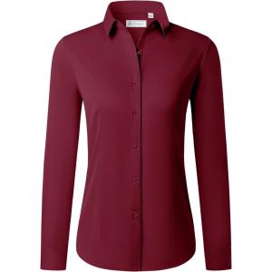imagesiliteelon Button Down Shirts for Women Long Sleeve Dress Shirts Wrinkle Free Collared Work Office Solid Blouses TopsBurgundy