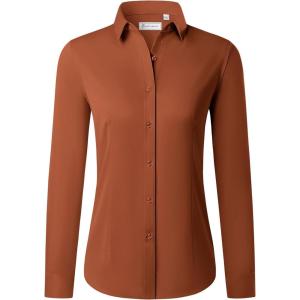 imagesiliteelon Button Down Shirts for Women Long Sleeve Dress Shirts Wrinkle Free Collared Work Office Solid Blouses TopsCaramel