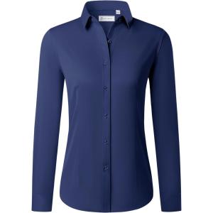 imagesiliteelon Button Down Shirts for Women Long Sleeve Dress Shirts Wrinkle Free Collared Work Office Solid Blouses TopsDark Blue