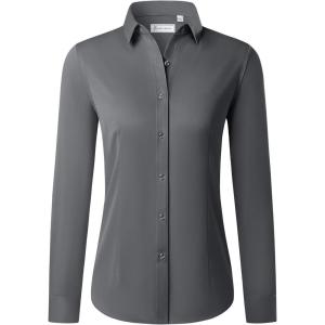 imagesiliteelon Button Down Shirts for Women Long Sleeve Dress Shirts Wrinkle Free Collared Work Office Solid Blouses TopsGrey