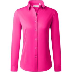 imagesiliteelon Button Down Shirts for Women Long Sleeve Dress Shirts Wrinkle Free Collared Work Office Solid Blouses TopsHot Pink