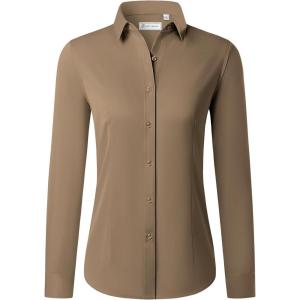 imagesiliteelon Button Down Shirts for Women Long Sleeve Dress Shirts Wrinkle Free Collared Work Office Solid Blouses TopsKhaki