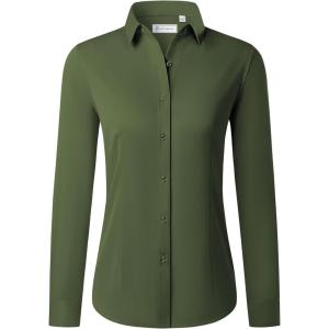 imagesiliteelon Button Down Shirts for Women Long Sleeve Dress Shirts Wrinkle Free Collared Work Office Solid Blouses TopsOlive Green