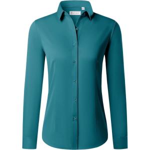imagesiliteelon Button Down Shirts for Women Long Sleeve Dress Shirts Wrinkle Free Collared Work Office Solid Blouses TopsPeacock Blue