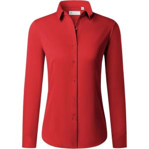 imagesiliteelon Button Down Shirts for Women Long Sleeve Dress Shirts Wrinkle Free Collared Work Office Solid Blouses TopsRed