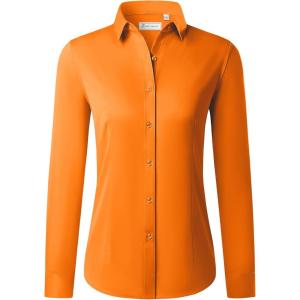imagesiliteelon Button Down Shirts for Women Long Sleeve Dress Shirts Wrinkle Free Collared Work Office Solid Blouses TopsSaffron