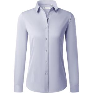 imagesiliteelon Button Down Shirts for Women Long Sleeve Dress Shirts Wrinkle Free Collared Work Office Solid Blouses TopsSilver Gray
