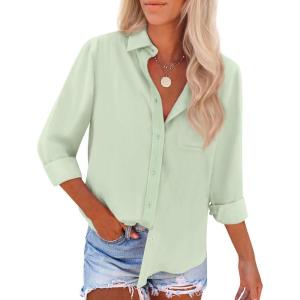 imagesiliteelon Button Down Shirts for Women Wrinkle Free Long Sleeve Shirts Dress Shirts Work Office Blouse Tops with PocketBean Green