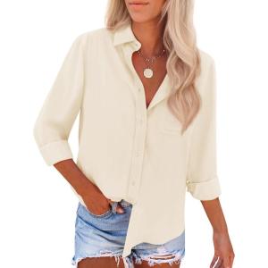 imagesiliteelon Button Down Shirts for Women Wrinkle Free Long Sleeve Shirts Dress Shirts Work Office Blouse Tops with PocketBeige