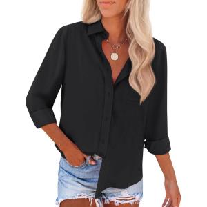 imagesiliteelon Button Down Shirts for Women Wrinkle Free Long Sleeve Shirts Dress Shirts Work Office Blouse Tops with PocketBlack