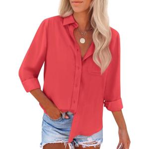 imagesiliteelon Button Down Shirts for Women Wrinkle Free Long Sleeve Shirts Dress Shirts Work Office Blouse Tops with PocketBright Red