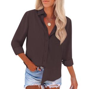 imagesiliteelon Button Down Shirts for Women Wrinkle Free Long Sleeve Shirts Dress Shirts Work Office Blouse Tops with PocketBrown
