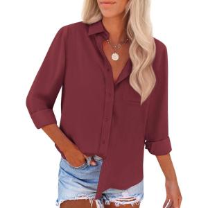 imagesiliteelon Button Down Shirts for Women Wrinkle Free Long Sleeve Shirts Dress Shirts Work Office Blouse Tops with PocketDark Red