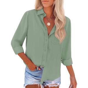 imagesiliteelon Button Down Shirts for Women Wrinkle Free Long Sleeve Shirts Dress Shirts Work Office Blouse Tops with PocketForest Green