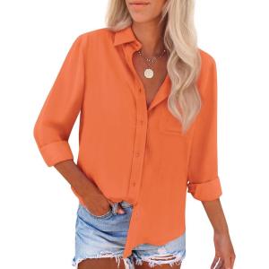 imagesiliteelon Button Down Shirts for Women Wrinkle Free Long Sleeve Shirts Dress Shirts Work Office Blouse Tops with PocketOrange