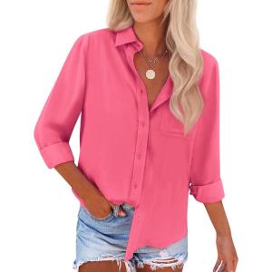 imagesiliteelon Button Down Shirts for Women Wrinkle Free Long Sleeve Shirts Dress Shirts Work Office Blouse Tops with PocketRose Red