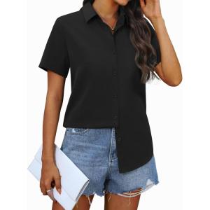 imagesiliteelon Chiffon Button Down Shirts for Women Short Sleeve Dress Shirts for Women Casual Button Up Shirt Tops BlousesBlack