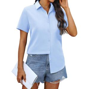 imagesiliteelon Chiffon Button Down Shirts for Women Short Sleeve Dress Shirts for Women Casual Button Up Shirt Tops BlousesBlue