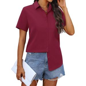 imagesiliteelon Chiffon Button Down Shirts for Women Short Sleeve Dress Shirts for Women Casual Button Up Shirt Tops BlousesBurgundy