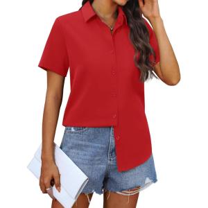 imagesiliteelon Chiffon Button Down Shirts for Women Short Sleeve Dress Shirts for Women Casual Button Up Shirt Tops BlousesRed