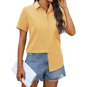 imagesiliteelon Chiffon Button Down Shirts for Women Short Sleeve Dress Shirts for Women Casual Button Up Shirt Tops BlousesYellow