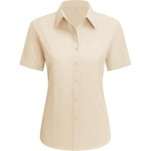 imagesiliteelon Dress Shirts for Women Short Sleeve Cotton Button Down Shirt Basic Button Up Shirt Collared Shirts Work ShirtBeige