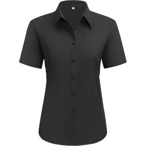imagesiliteelon Dress Shirts for Women Short Sleeve Cotton Button Down Shirt Basic Button Up Shirt Collared Shirts Work ShirtBlack