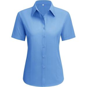 imagesiliteelon Dress Shirts for Women Short Sleeve Cotton Button Down Shirt Basic Button Up Shirt Collared Shirts Work ShirtBlue