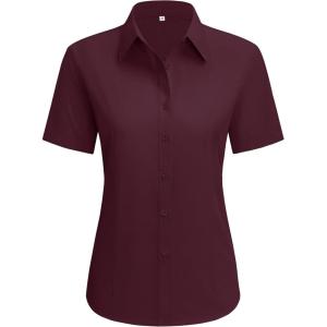 imagesiliteelon Dress Shirts for Women Short Sleeve Cotton Button Down Shirt Basic Button Up Shirt Collared Shirts Work ShirtBurgundy