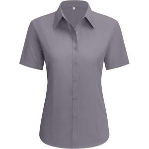 imagesiliteelon Dress Shirts for Women Short Sleeve Cotton Button Down Shirt Basic Button Up Shirt Collared Shirts Work ShirtDark Gray