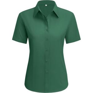 imagesiliteelon Dress Shirts for Women Short Sleeve Cotton Button Down Shirt Basic Button Up Shirt Collared Shirts Work ShirtDark Green