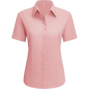 imagesiliteelon Dress Shirts for Women Short Sleeve Cotton Button Down Shirt Basic Button Up Shirt Collared Shirts Work ShirtDark Pink