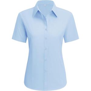 imagesiliteelon Dress Shirts for Women Short Sleeve Cotton Button Down Shirt Basic Button Up Shirt Collared Shirts Work ShirtLight Blue