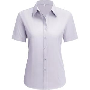 imagesiliteelon Dress Shirts for Women Short Sleeve Cotton Button Down Shirt Basic Button Up Shirt Collared Shirts Work ShirtLight Gray