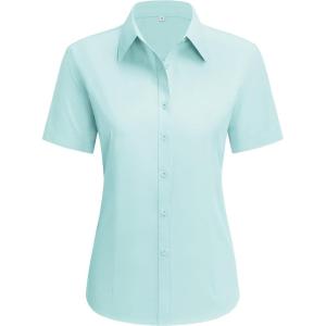 imagesiliteelon Dress Shirts for Women Short Sleeve Cotton Button Down Shirt Basic Button Up Shirt Collared Shirts Work ShirtLight Green