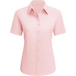 imagesiliteelon Dress Shirts for Women Short Sleeve Cotton Button Down Shirt Basic Button Up Shirt Collared Shirts Work ShirtLight Pink