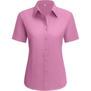 imagesiliteelon Dress Shirts for Women Short Sleeve Cotton Button Down Shirt Basic Button Up Shirt Collared Shirts Work ShirtLight Violet