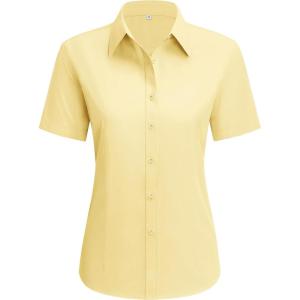 imagesiliteelon Dress Shirts for Women Short Sleeve Cotton Button Down Shirt Basic Button Up Shirt Collared Shirts Work ShirtLight Yellow