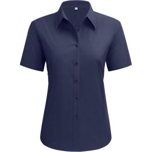 imagesiliteelon Dress Shirts for Women Short Sleeve Cotton Button Down Shirt Basic Button Up Shirt Collared Shirts Work ShirtNavy Blue