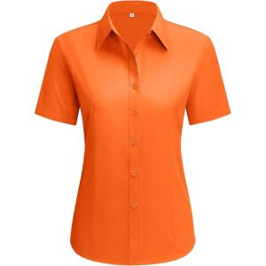 imagesiliteelon Dress Shirts for Women Short Sleeve Cotton Button Down Shirt Basic Button Up Shirt Collared Shirts Work ShirtOrange