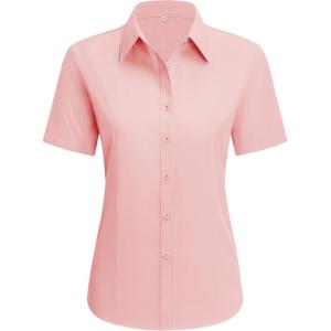imagesiliteelon Dress Shirts for Women Short Sleeve Cotton Button Down Shirt Basic Button Up Shirt Collared Shirts Work ShirtOrange Pink