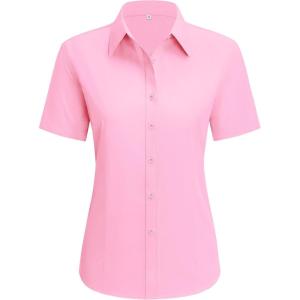 imagesiliteelon Dress Shirts for Women Short Sleeve Cotton Button Down Shirt Basic Button Up Shirt Collared Shirts Work ShirtPink